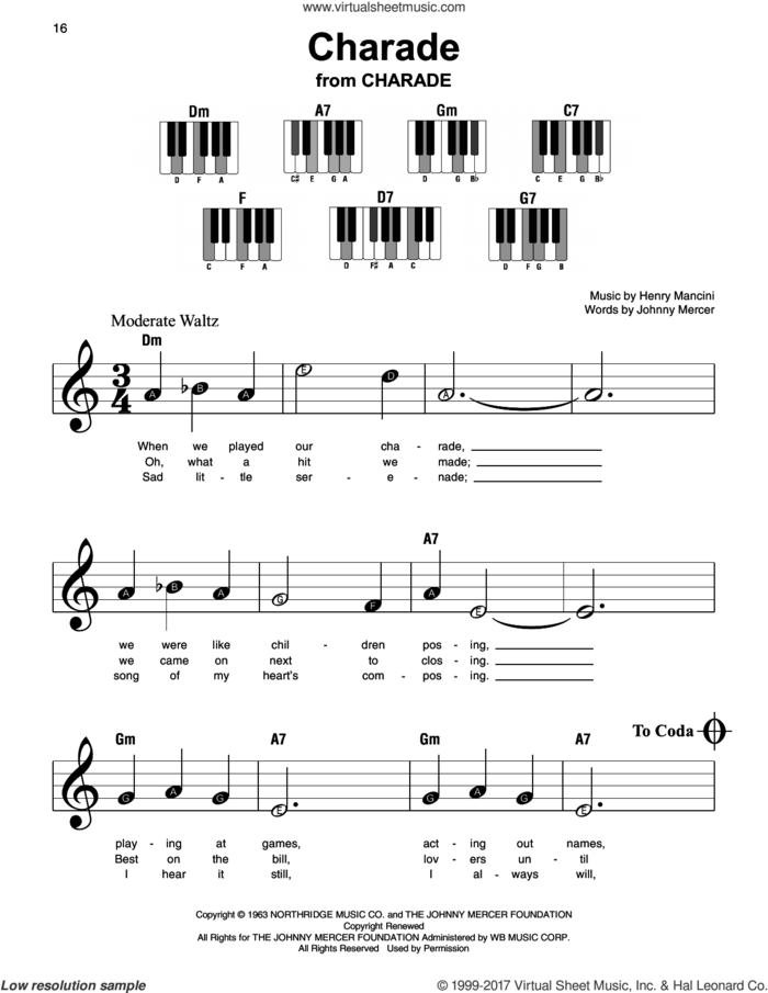Charade sheet music for piano solo by Johnny Mercer, Andy Williams, Sammy Kaye and Henry Mancini, beginner skill level