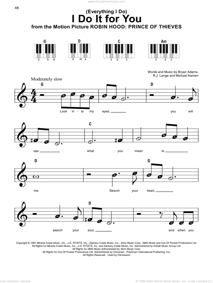 (Everything I Do) I Do It For You sheet music for piano solo by Bryan Adams, Michael Kamen and Robert John Lange, beginner skill level