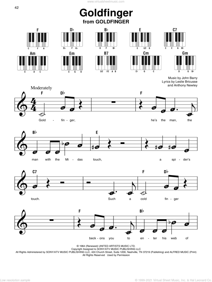 Goldfinger, (beginner) sheet music for piano solo by Anthony Newley, John Barry and Leslie Bricusse, beginner skill level