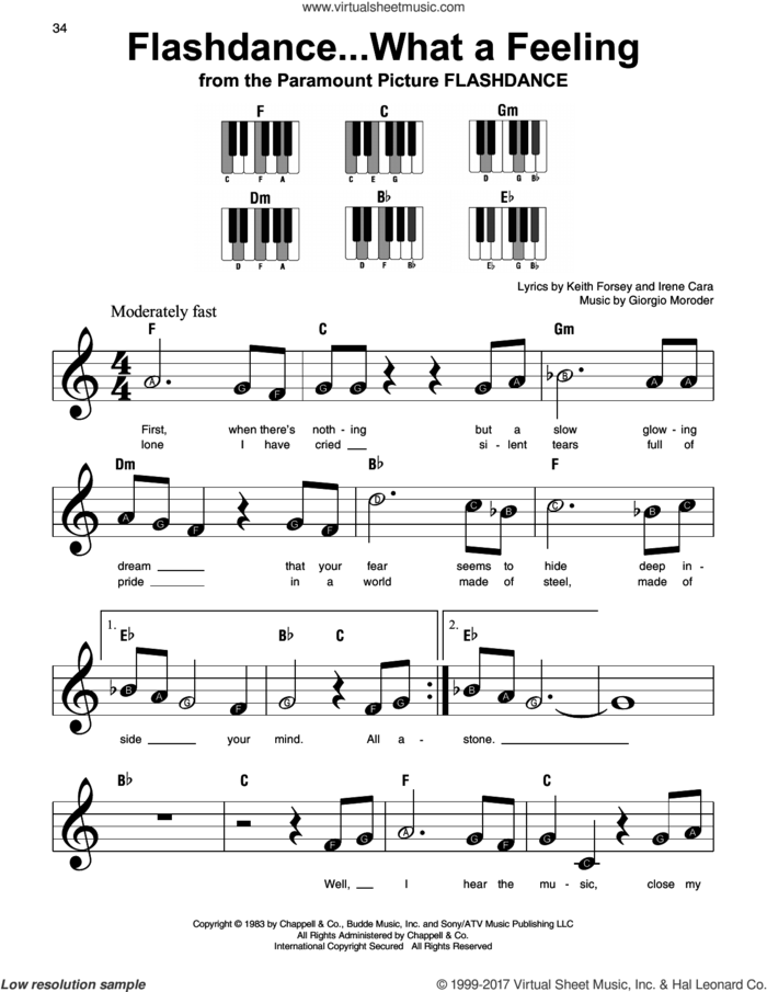 Flashdance...What A Feeling sheet music for piano solo by Irene Cara, Giorgio Moroder and Keith Forsey, beginner skill level