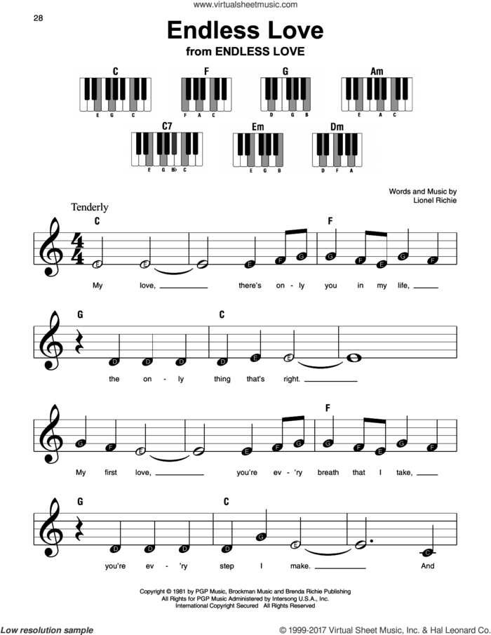 Endless Love sheet music for piano solo by Diana Ross & Lionel Richie, wedding score, beginner skill level