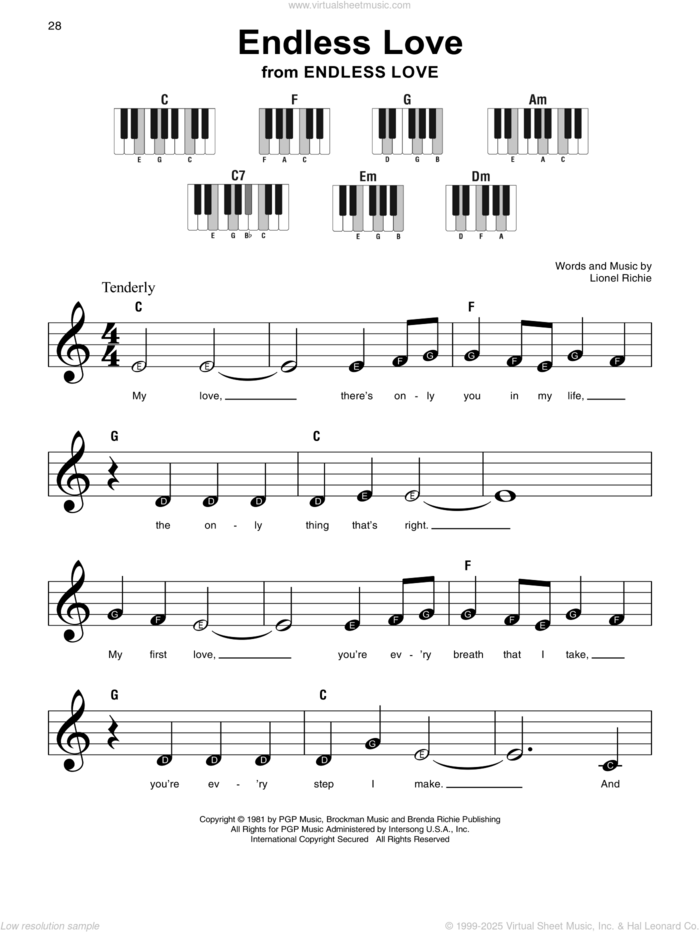 Endless Love sheet music for piano solo by Diana Ross & Lionel Richie, wedding score, beginner skill level