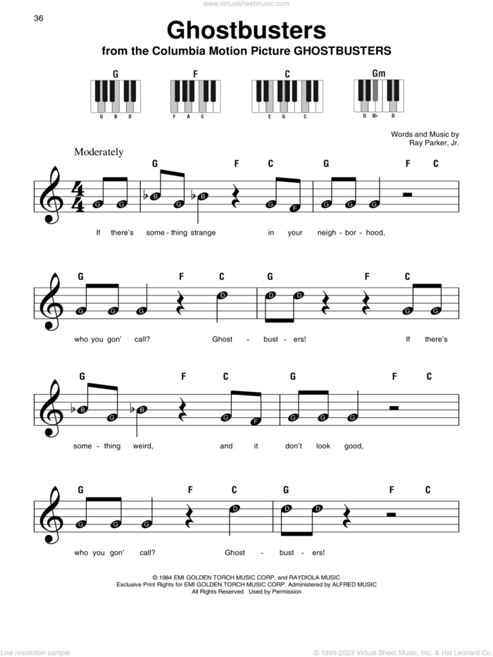Ghostbusters sheet music for piano solo by Ray Parker Jr., beginner skill level
