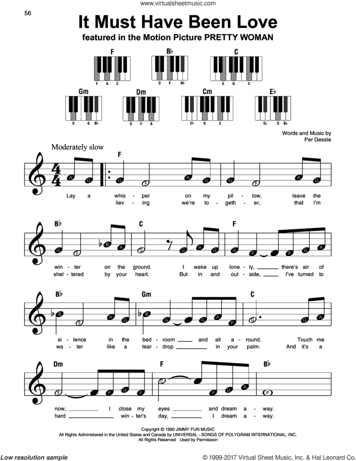 It Must Have Been Love, (beginner) sheet music for piano solo by Roxette and Per Gessle, beginner skill level