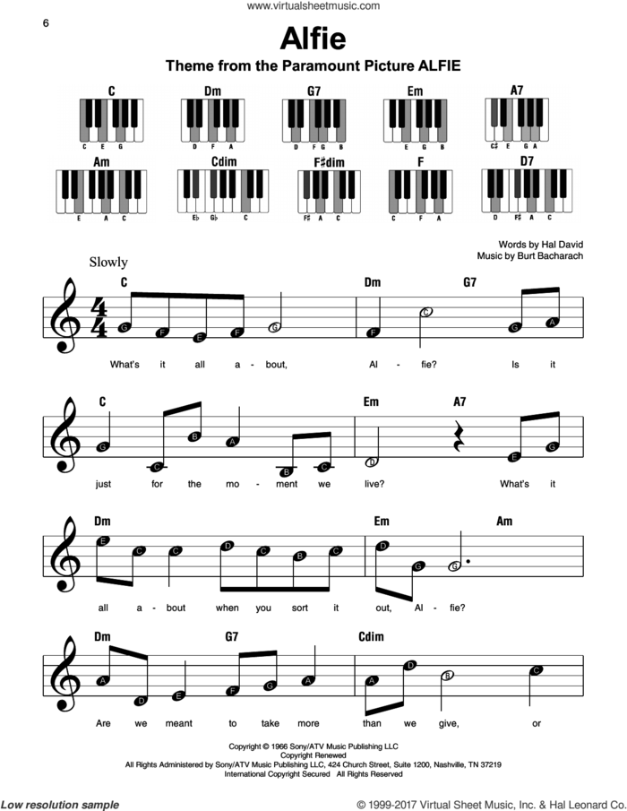 Alfie sheet music for piano solo by Cher, Dionne Warwick, Sonny Rollins, Stevie Wonder, Burt Bacharach and Hal David, beginner skill level