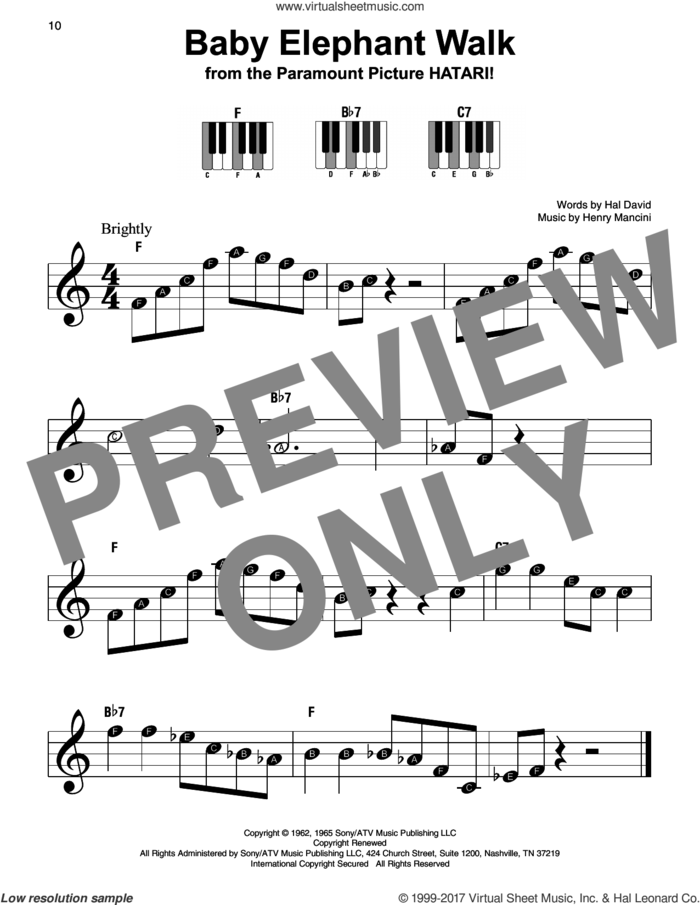 Baby Elephant Walk sheet music for piano solo by Henry Mancini and Hal David, beginner skill level