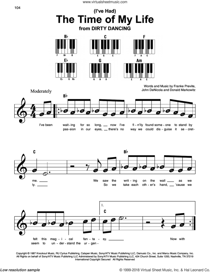 (I've Had) The Time Of My Life sheet music for piano solo by Bill Medley & Jennifer Warnes, Donald Markowitz, Franke Previte and John DeNicola, beginner skill level
