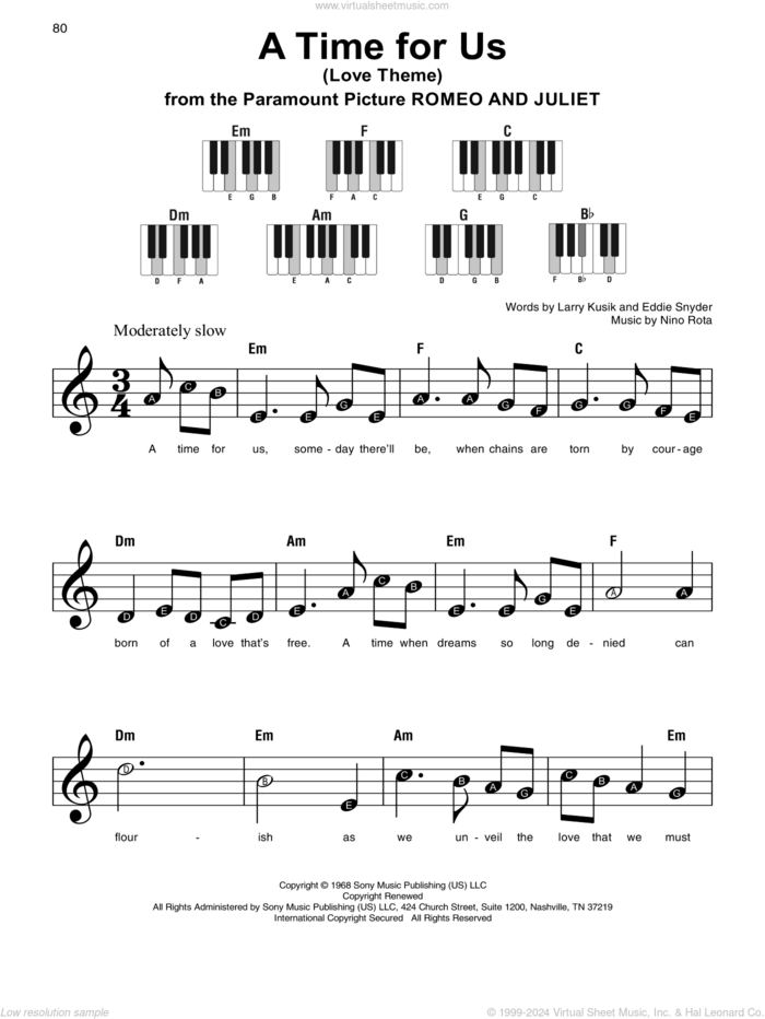 A Time For Us (Love Theme), (beginner) sheet music for piano solo by Nino Rota, Eddie Snyder and Larry Kusik, beginner skill level