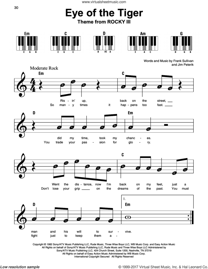 Eye Of The Tiger sheet music for piano solo by Survivor, Frank Sullivan and Jim Peterik, beginner skill level