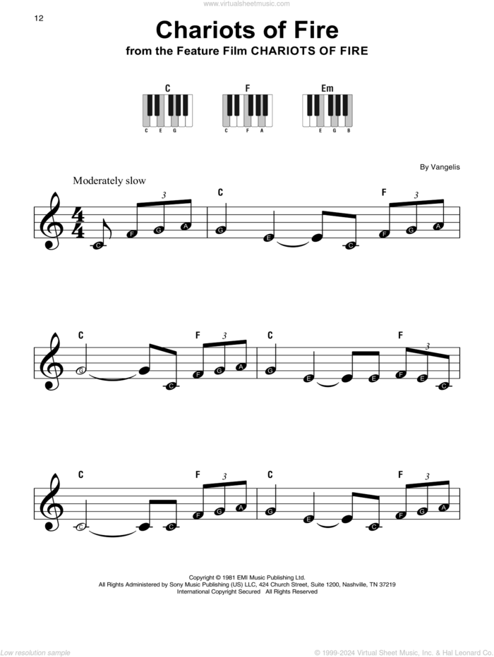 Chariots Of Fire sheet music for piano solo by Vangelis, beginner skill level