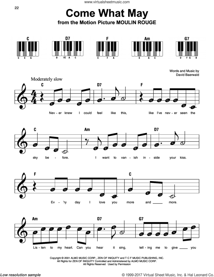 Come What May (from Moulin Rouge) sheet music for piano solo by Nicole Kidman and Ewan McGregor, Nicole Kidman & Ewan McGregor and David Baerwald, beginner skill level