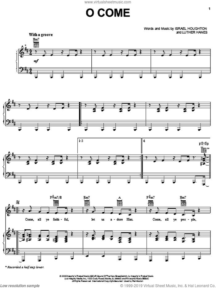 O Come sheet music for voice, piano or guitar by Israel Houghton and Luther Hanes, intermediate skill level