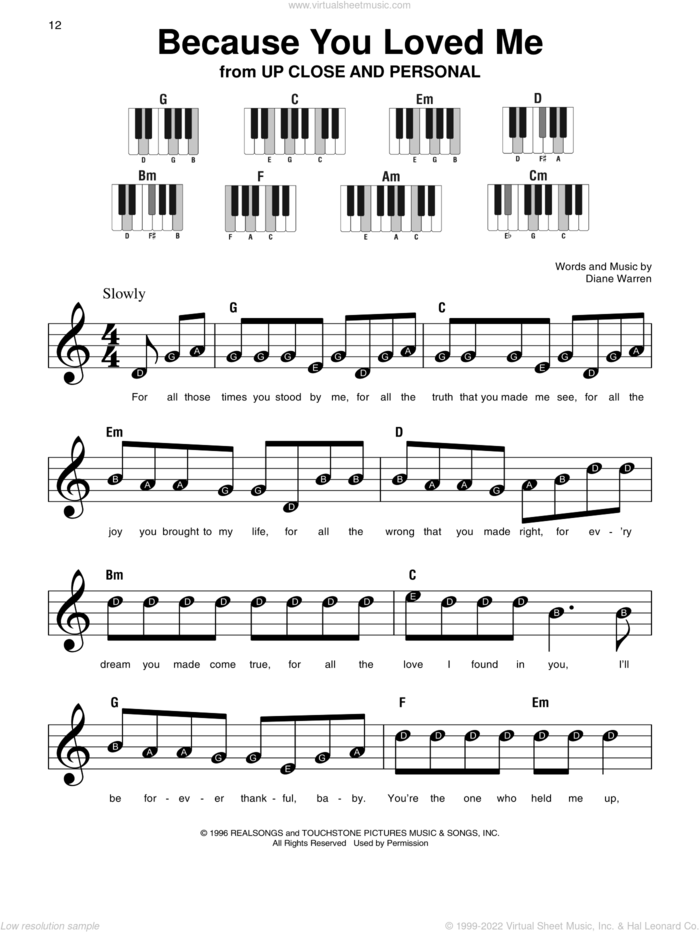 Because You Loved Me, (beginner) sheet music for piano solo by Celine Dion and Diane Warren, wedding score, beginner skill level