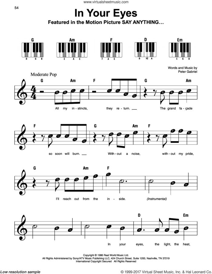 In Your Eyes sheet music for piano solo by Peter Gabriel, beginner skill level