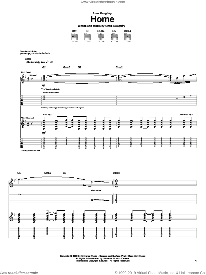 Home sheet music for guitar (tablature) by Daughtry and Chris Daughtry, intermediate skill level