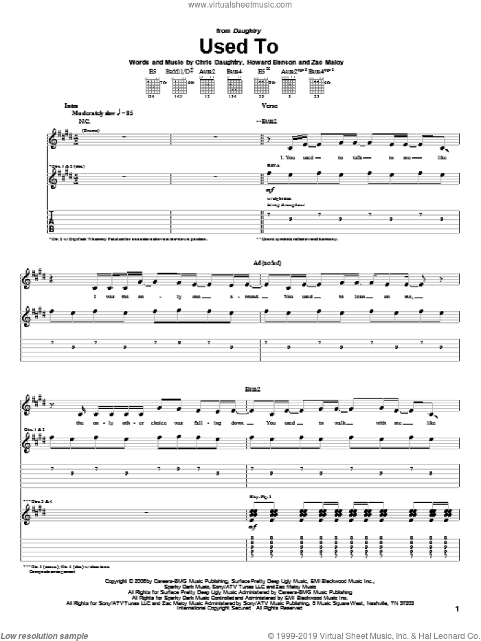 Used To sheet music for guitar (tablature) by Daughtry, Chris Daughtry, Howard Benson and Zac Maloy, intermediate skill level
