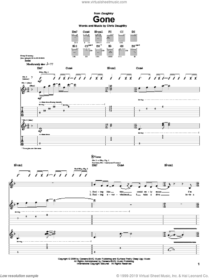 Gone sheet music for guitar (tablature) by Daughtry and Chris Daughtry, intermediate skill level