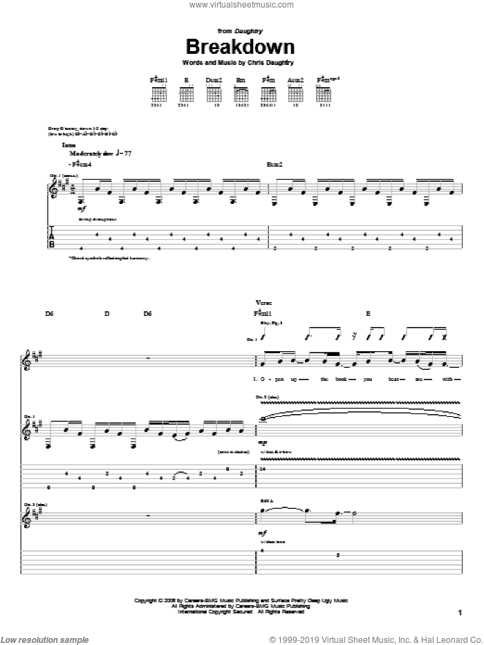 Breakdown sheet music for guitar (tablature) by Daughtry and Chris Daughtry, intermediate skill level