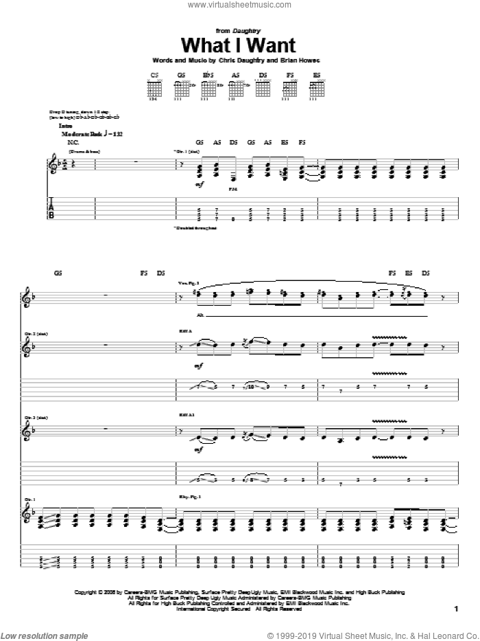 What I Want sheet music for guitar (tablature) by Daughtry featuring Slash, Daughtry, Slash, Brian Howes and Chris Daughtry, intermediate skill level