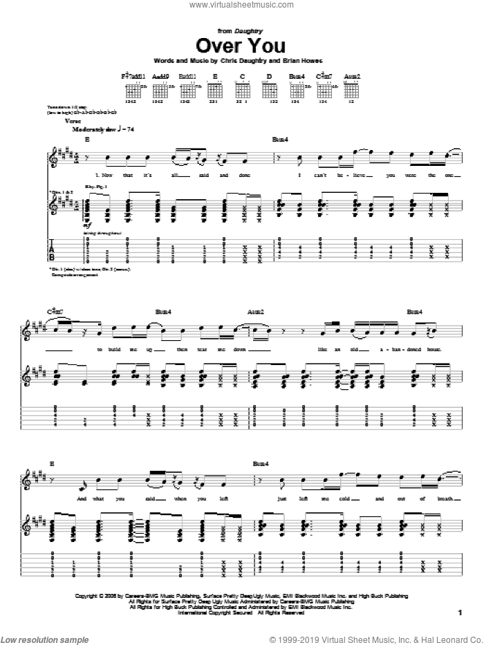 Over You sheet music for guitar (tablature) by Daughtry, Brian Howes and Chris Daughtry, intermediate skill level