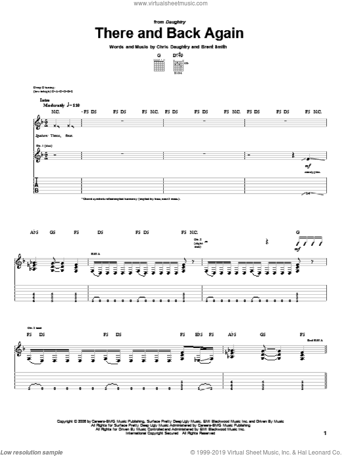 There And Back Again sheet music for guitar (tablature) by Daughtry, Brent Smith and Chris Daughtry, intermediate skill level