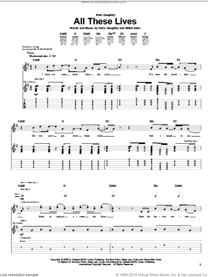 All These Lives sheet music for guitar (tablature) by Daughtry, Chris Daughtry and Mitch Allan, intermediate skill level