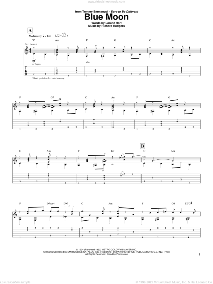 Blue Moon sheet music for guitar (tablature) by Tommy Emmanuel, Rodgers & Hart, Lorenz Hart and Richard Rodgers, intermediate skill level