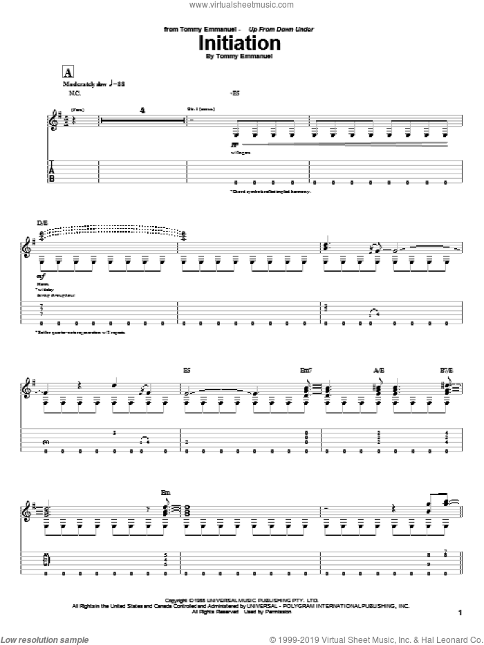 Initiation sheet music for guitar (tablature) by Tommy Emmanuel, intermediate skill level