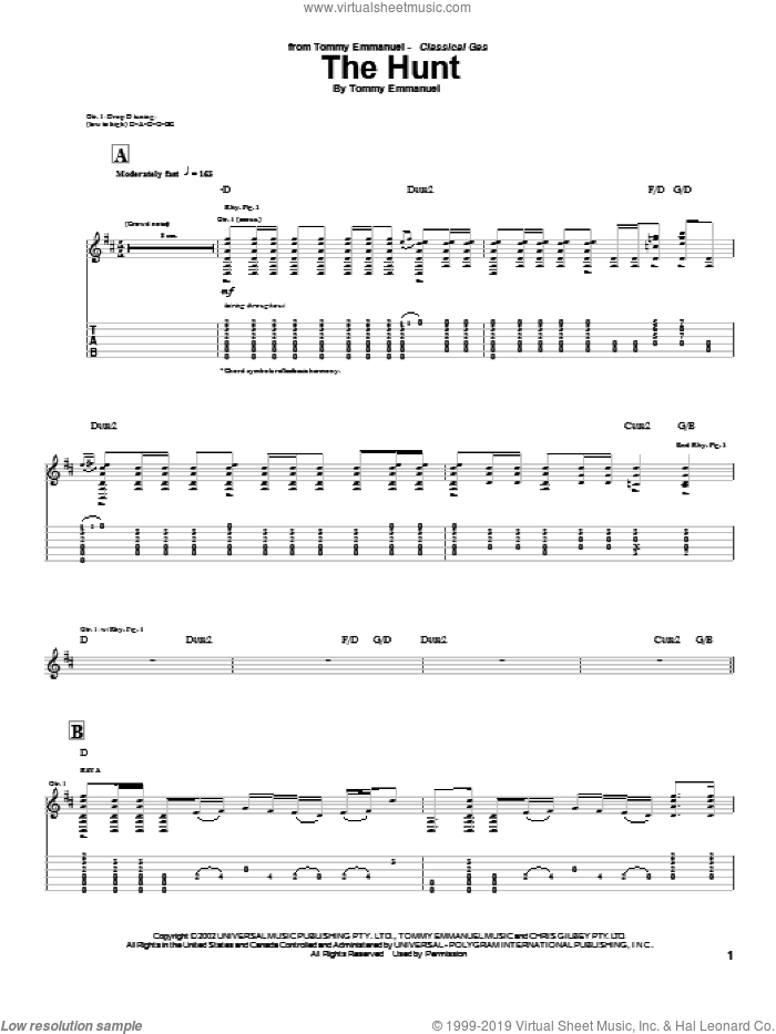 The Hunt sheet music for guitar (tablature) by Tommy Emmanuel, intermediate skill level