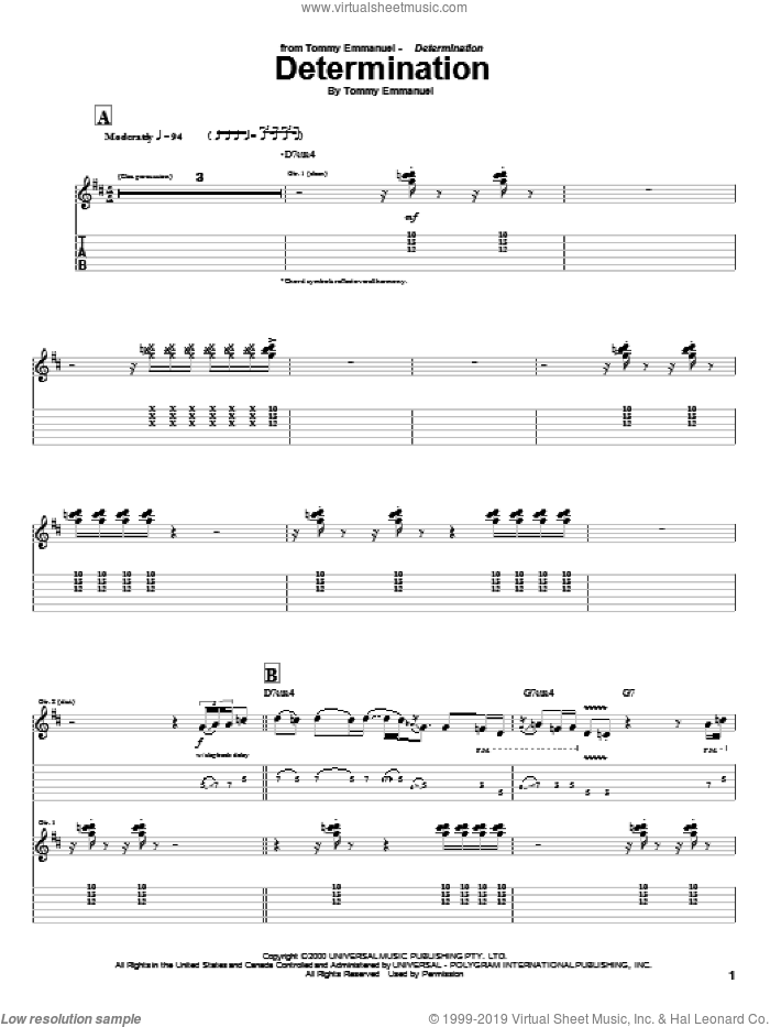 Determination sheet music for guitar (tablature) by Tommy Emmanuel, intermediate skill level