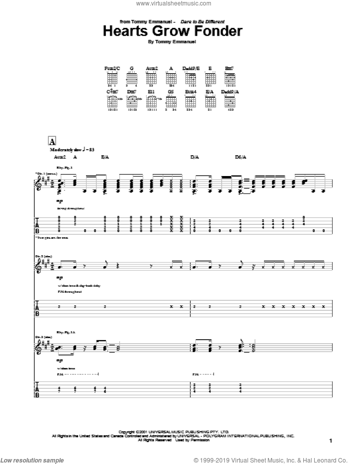 Hearts Grow Fonder sheet music for guitar (tablature) by Tommy Emmanuel, intermediate skill level