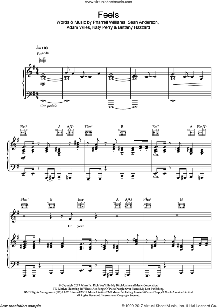 Feels (featuring Pharrell Williams, Katy Perry and Big Sean) sheet music for voice, piano or guitar by Calvin Harris, Big Sean, Adam Wiles, Brittany Hazzard, Katy Perry, Pharrell Williams and Sean Anderson, intermediate skill level