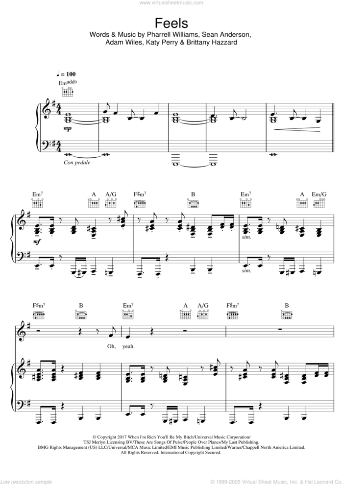 Feels (featuring Pharrell Williams, Katy Perry and Big Sean) sheet music for voice, piano or guitar by Calvin Harris, Big Sean, Adam Wiles, Brittany Hazzard, Katy Perry, Pharrell Williams and Sean Anderson, intermediate skill level