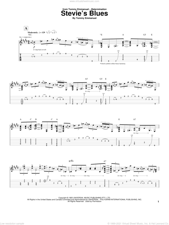 Stevie's Blues sheet music for guitar (tablature) by Tommy Emmanuel, intermediate skill level