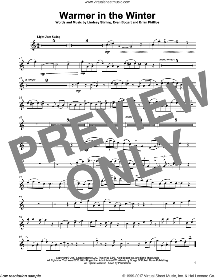 Warmer In The Winter sheet music for violin solo by Lindsey Stirling, Brian Phillips and Evan Bogart, intermediate skill level