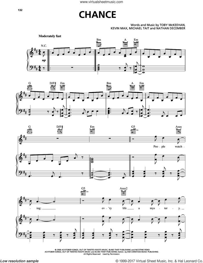 Chance sheet music for voice, piano or guitar by dc Talk, Kevin Max, Michael Tait, Nathan December and Toby McKeehan, intermediate skill level
