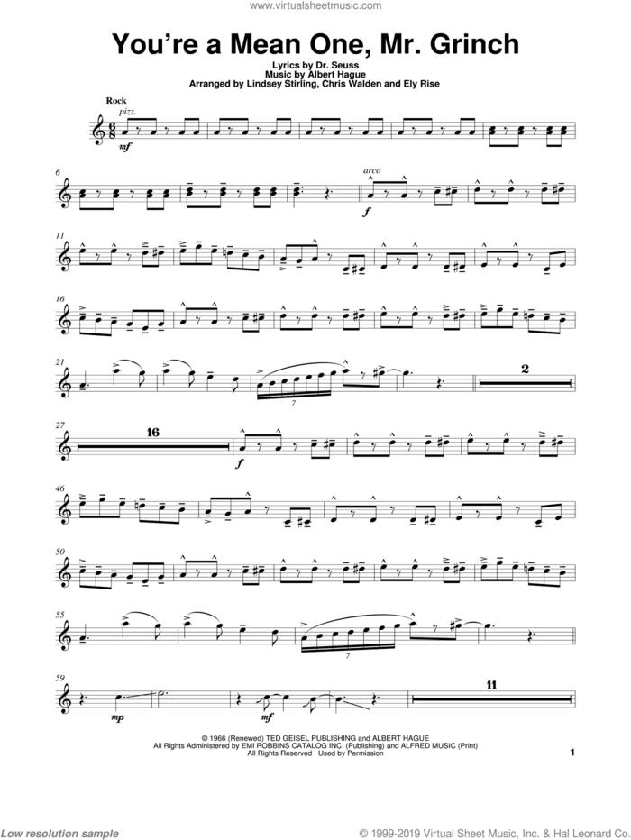 You're A Mean One, Mr. Grinch sheet music for violin solo by Lindsey Stirling, Albert Hague and Dr. Seuss, intermediate skill level