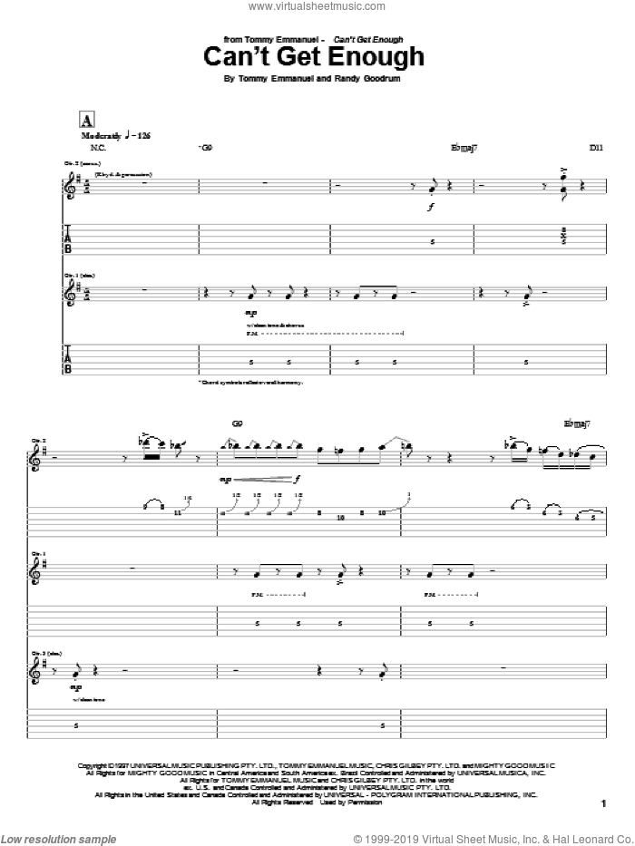 Can't Get Enough sheet music for guitar (tablature) by Tommy Emmanuel and Randy Goodrum, intermediate skill level