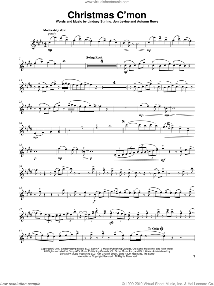 Christmas C'mon sheet music for violin solo by Lindsey Stirling, Autumn Rowe and Jon Levine, intermediate skill level
