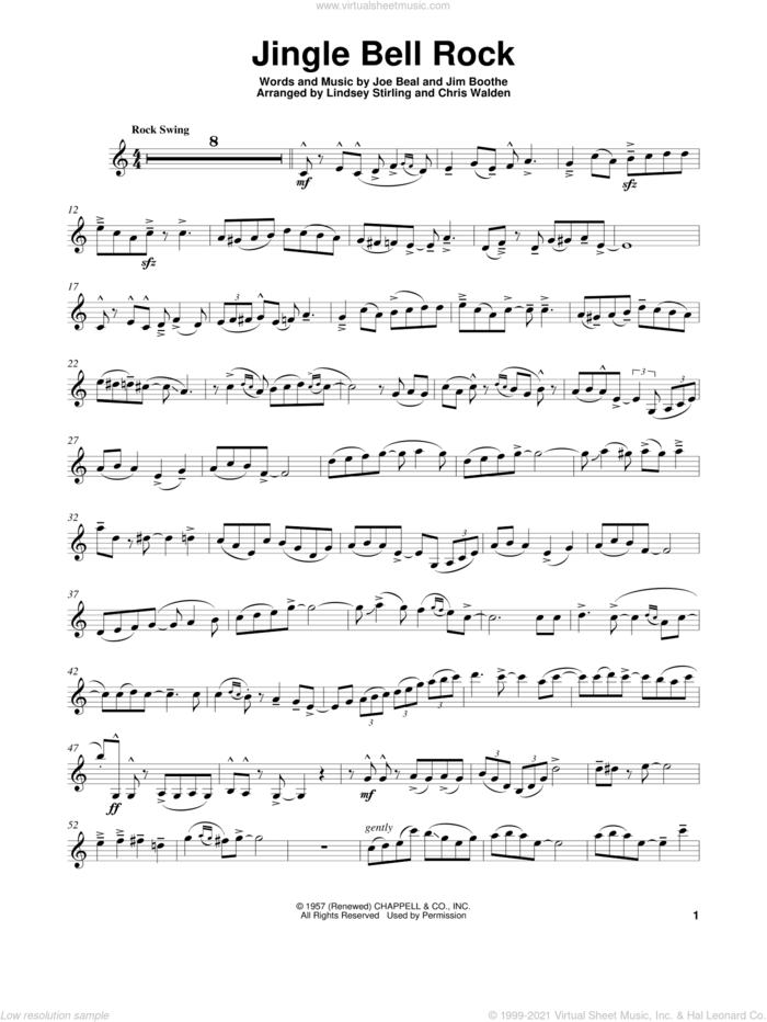 Jingle Bell Rock sheet music for violin solo by Lindsey Stirling, Jim Boothe and Joe Beal, intermediate skill level