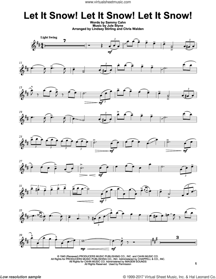 Let It Snow! Let It Snow! Let It Snow! sheet music for violin solo by Lindsey Stirling, Jule Styne and Sammy Cahn, intermediate skill level