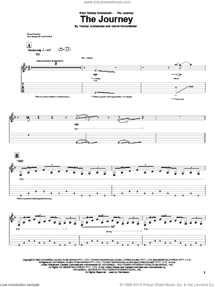The Journey sheet music for guitar (tablature) by Tommy Emmanuel and David Hirschfelder, intermediate skill level