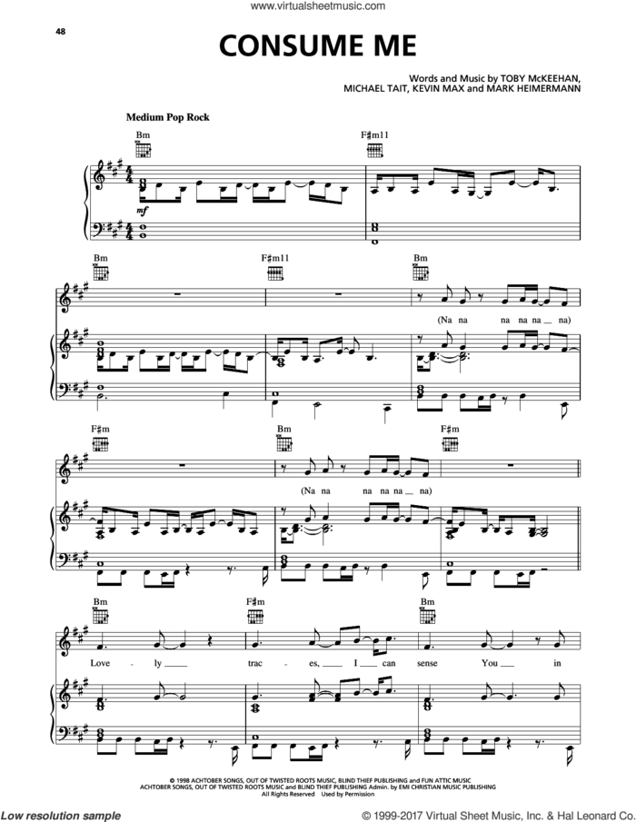 Consume Me sheet music for voice, piano or guitar by dc Talk, Kevin Max, Mark Heimermann, Michael Tait and Toby McKeehan, intermediate skill level
