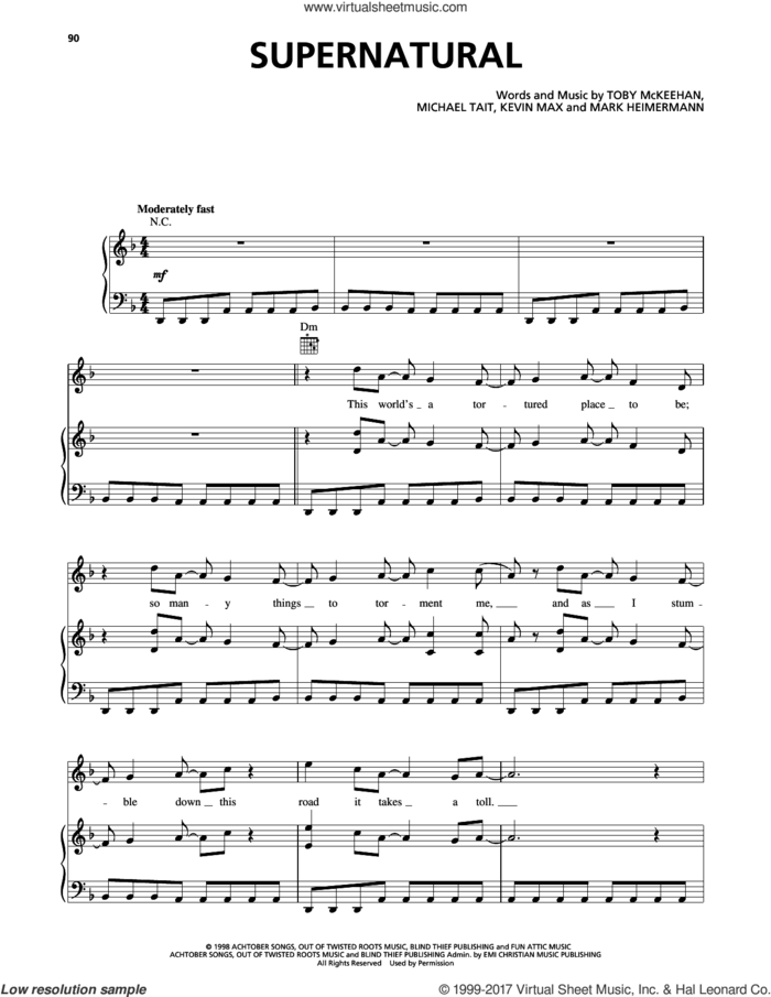 Supernatural sheet music for voice, piano or guitar by dc Talk, Kevin Max, Mark Heimermann, Michael Tait and Toby McKeehan, intermediate skill level