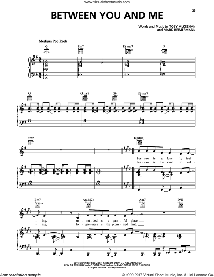Between You And Me sheet music for voice, piano or guitar by dc Talk, Mark Heimermann and Toby McKeehan, intermediate skill level