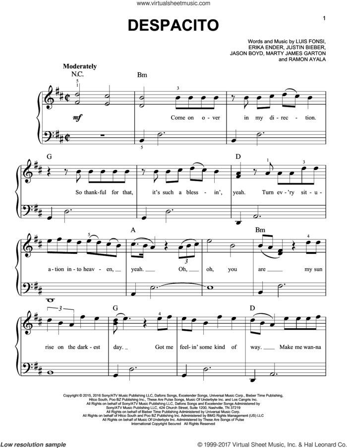 Despacito, (easy) sheet music for piano solo by Luis Fonsi & Daddy Yankee feat. Justin Bieber, Erika Ender, Luis Fonsi and Ramon Ayala, easy skill level