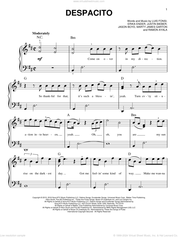 Despacito, (easy) sheet music for piano solo by Luis Fonsi & Daddy Yankee feat. Justin Bieber, Erika Ender, Luis Fonsi and Ramon Ayala, easy skill level