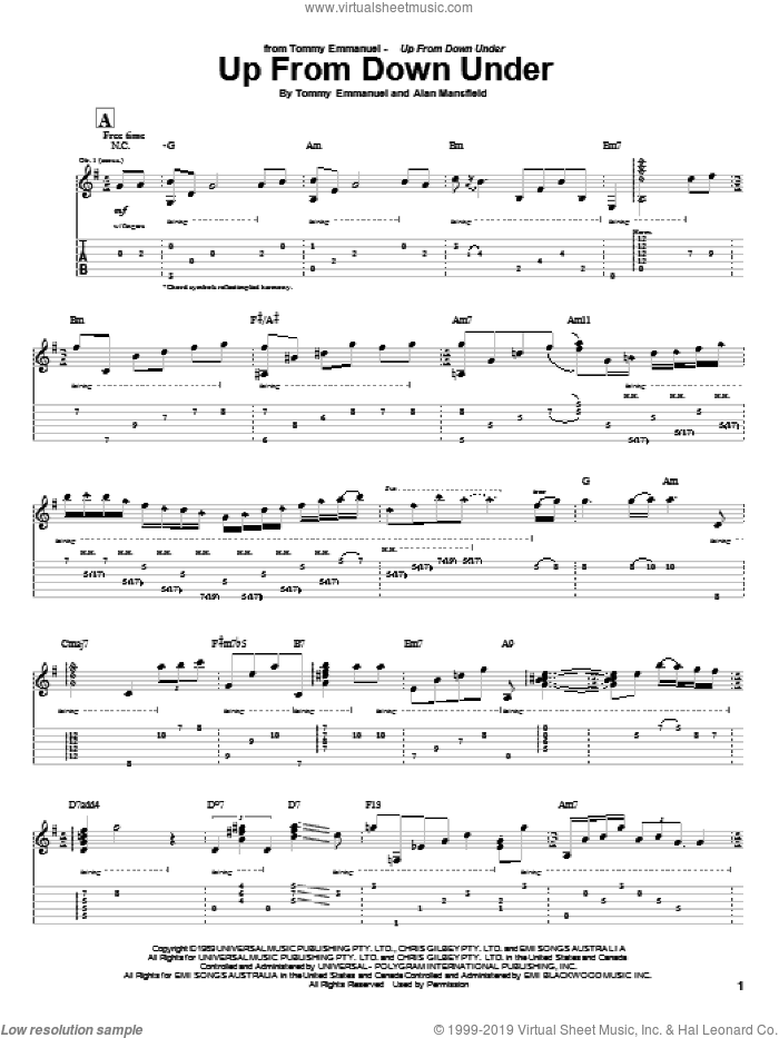 Up From Down Under sheet music for guitar (tablature) by Tommy Emmanuel and Alan Mansfield, intermediate skill level