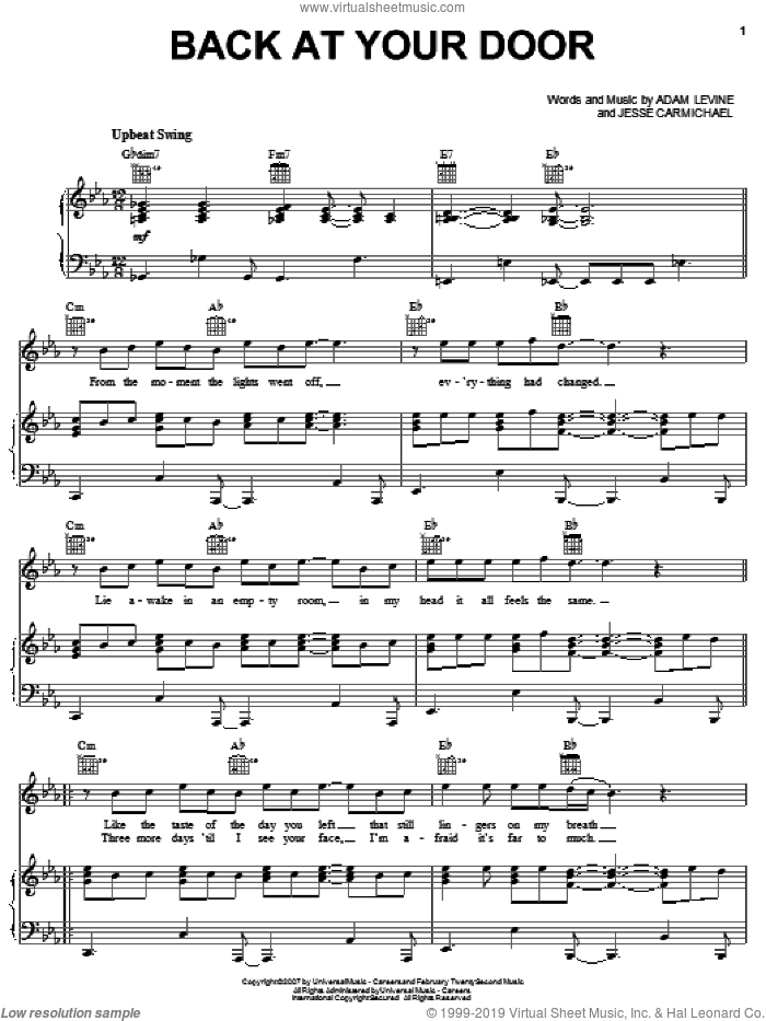 Back At Your Door sheet music for voice, piano or guitar by Maroon 5, Adam Levine and Jesse Carmichael, intermediate skill level