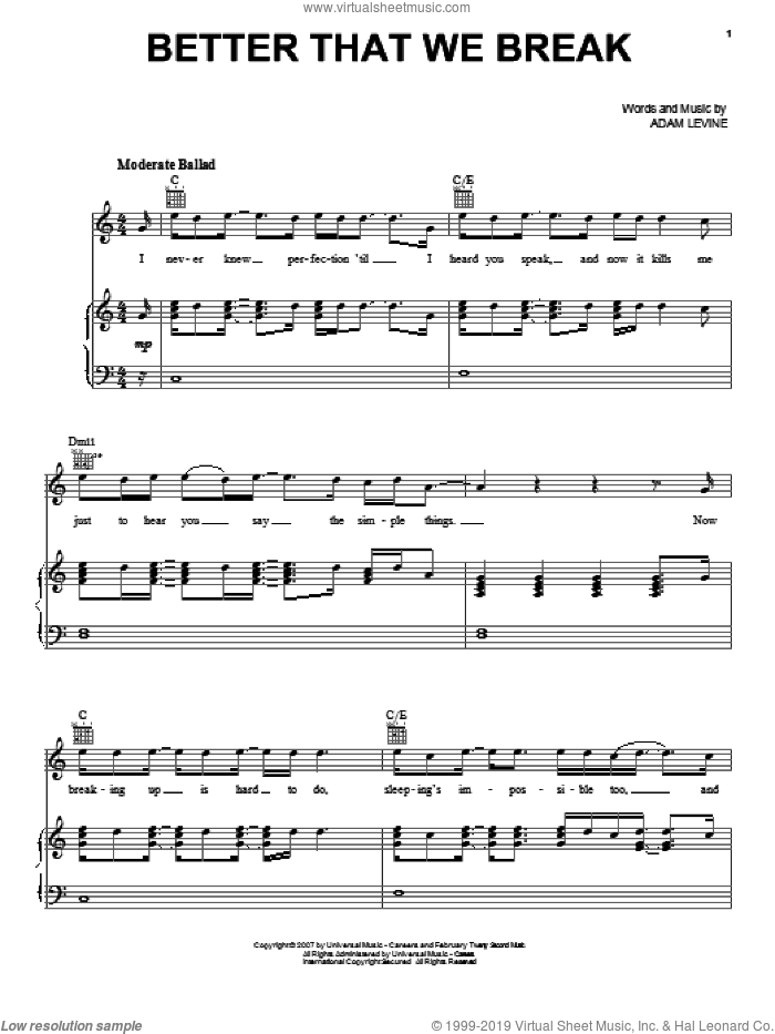 Better That We Break sheet music for voice, piano or guitar by Maroon 5 and Adam Levine, intermediate skill level